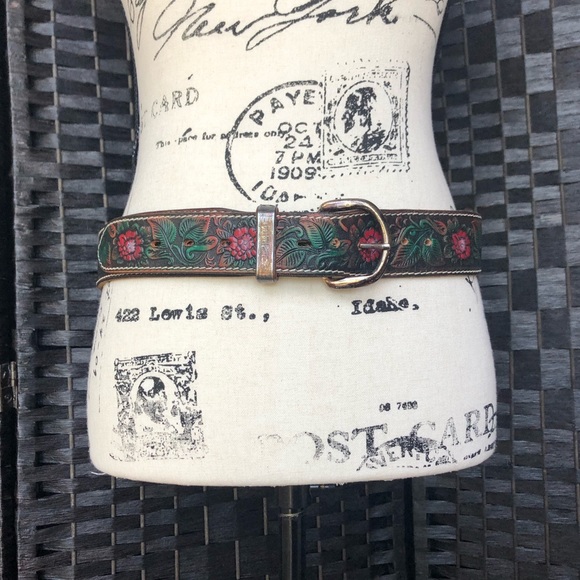 El Charro Vintage Leather Floral Hand Painted Silver Buckle Belt main image 4